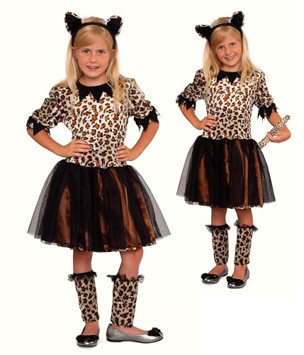 Magicoo Leopard Kostüm Kinder Mädchen inkl. Kleid, Haarreifen & Beinstulpen - Leoparden Gepard Kostüm Kind Fasching (L Large (134/140)) von Magicoo