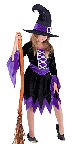 Magicoo Magierin Hexenkostüm Kinder Mädchen lila-schwarz-Silber & Hut - schickes Halloween Kostüm Kind Hexe, Gr.110-140 (92/104) von Magicoo