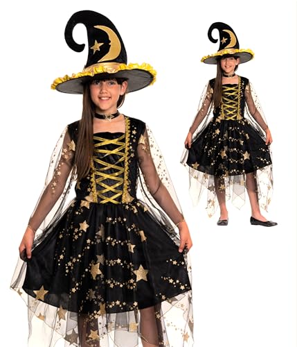 Magicoo Mondprinzessin Hexenkostüm für Mädchen Kinder Gold Schwarz Halloween - von Gr 110 bis 140 - Verkleidung Kostüm Hexe (L) von Magicoo