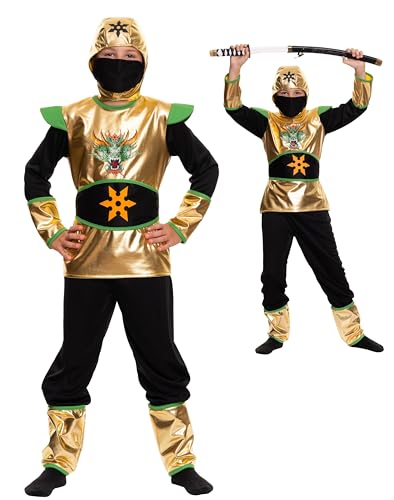 Magicoo Ninja Kostüm Kinder Jungen Gold Grün Gr 110 bis 140 - Ninja Anzug Kind Karneval (L Large (134/140)) von Magicoo