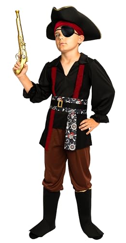 Magicoo Piratenjunge Kapitän Piratenkostüm Kinder Jungen Rot/Schwarz/Braun Gr. 92 bis 140- Fasching Pirat Kostüm Kind (122/128) von Magicoo