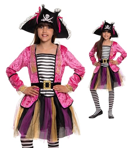 Magicoo Piratenkostüm Mädchen Kinder Rosa Gold Schwarz 3-teilig - Pirat Kostüm Kind Karneval (L Large (134/140)) von Magicoo