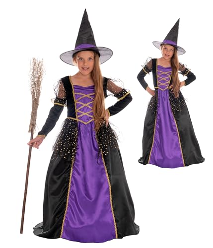 Magicoo Prinzessin Hexenkostüm Kinder Mädchen lila schwarz Gold - Kleid & Hut - Gr 110 bis 140 - Halloween Hexe-Kostüm Kind (110/116) von Magicoo