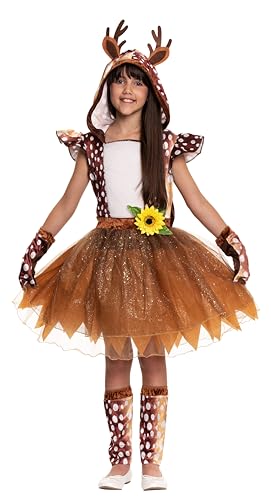 Magicoo Reh Kostüm Kinder Mädchen inkl. Kleid mit Kapuze, Beinstulpen & Armstulpen - Hirsch Kostüm Kind Fasching (L (134-140)) von Magicoo