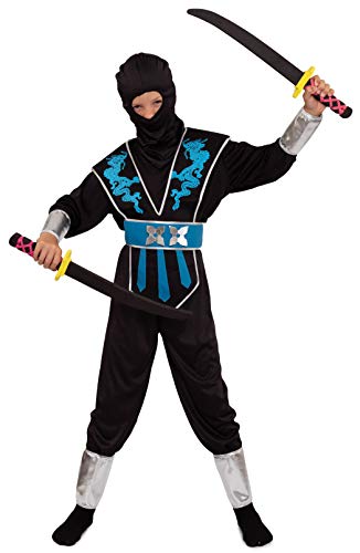 Magicoo blau-silberner Drachen Ninja Kostüm für Kinder Jungen Gr 110 bis 140 Schwarz/Blau/Silber - Fasching Kinder Ninja Kostüm Kind (110/116) von Magicoo