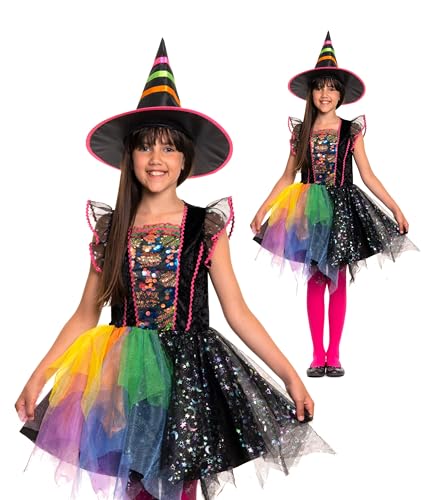 Magicoo buntes Hexenkostüm Kinder Mädchen Kind Halloween Hexe Kostüm 2-teiliges Set Blau Rosa Orange Schwarz (L Large (134-140)) von Magicoo