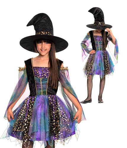 Magicoo funkelnde Sternhexe Hexenkostüm für Mädchen Kinder Blau Lila Gold Schwarz Halloween - von Gr 110 bis 140 - Halloween Kostüm Hexe (M) von Magicoo