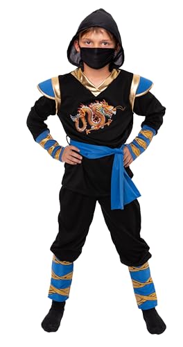 Magicoo goldener Drache Ninja Kostüm Kinder Jungen blau schwarz gold Gr 104 bis 146 - Fasching Kinder Ninja Kostüm für Kind (104-110) von Magicoo