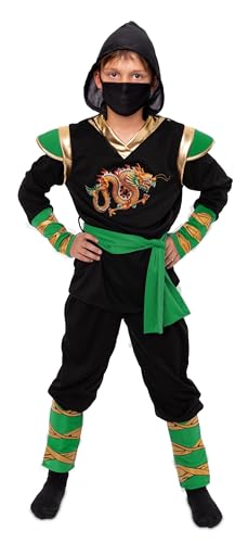 Magicoo goldener Drache Ninja Kostüm Kinder Jungen grün schwarz gold Gr 104 bis 146 - Fasching Kinder Ninja Kostüm für Kind (140-146) von Magicoo