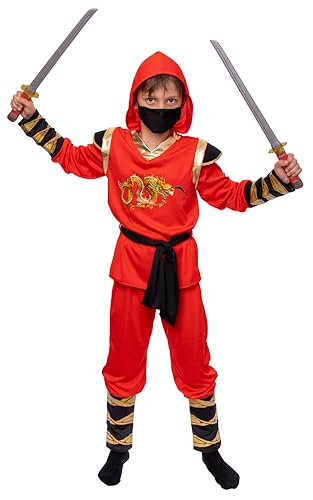 Magicoo goldener Drache Ninja Kostüm Kinder Jungen rot gold - Fasching Kinder Ninja Kostüm für Kind Ninjakostüm (L) von Magicoo