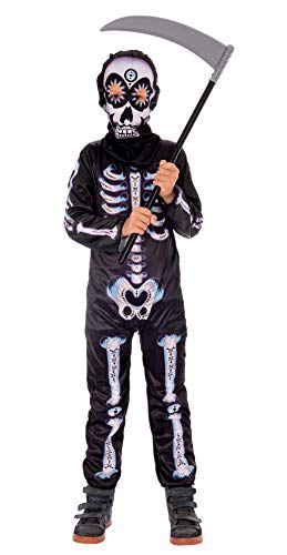 Magicoo mexikanisches Halloween Skelett Kostüm Kinder Jungen schwarz inkl. Overall & Haube mit Maske - Gr 92 bis 140 - Dämon Skelett-Kostüm Kind (110/116) von Magicoo