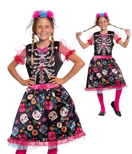 Magicoo mexikanisches Skelett Kostüm Kinder Mädchen Kind Day of the dead Tag der Toten 2-teiliges Set Blau Lila Pink (L Large (134-140)) von Magicoo