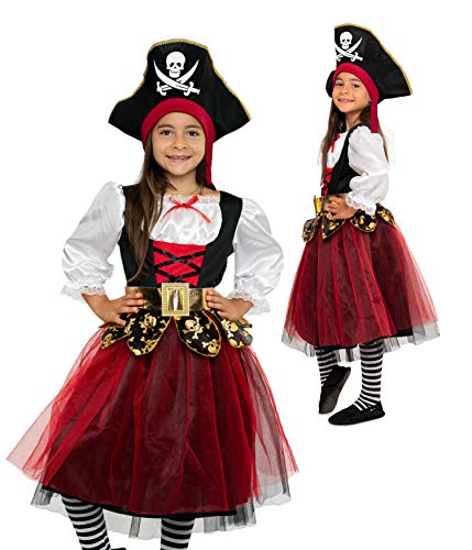 Magicoo schickes Piratenkostüm Kinder Mädchen Gr 104 bis 146 inkl. Kleid & Hut - Piraten Kostüm Fasching (104/110) von Magicoo