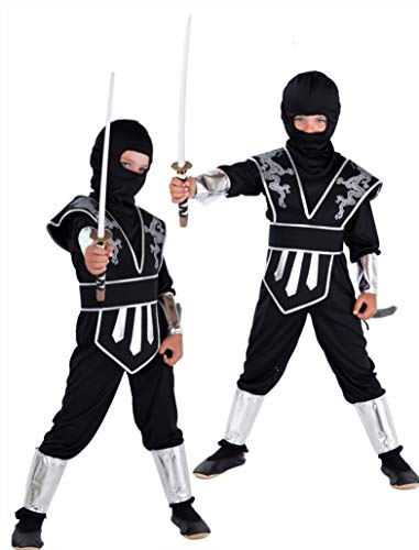 Magicoo silberner Drachen Ninja Kostüm für Kinder Jungen Gr 110 bis 140 Schwarz/Silber - Fasching Kinder Ninja Kostüm für Kind (110/116) von Magicoo