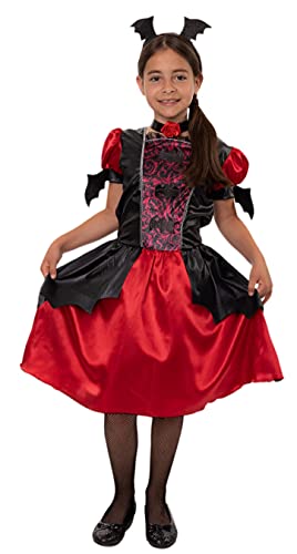 Magicoo süße Halloween Fledermaus Vampir Kostüm Kinder Mädchen inkl. Kleid, Haarreifen, Kette, Gr. 92 bis 140 - Vampirkostüm Kind rot schwarz (122/128) von Magicoo