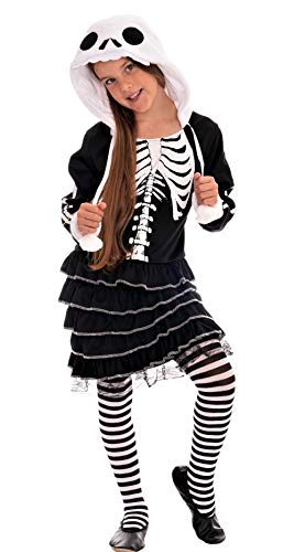 Magicoo süßes Skelett Kostüm Kinder Mädchen schwarz weiß inkl. Kleid mit Kapuz Halloween M (122/128) von Magicoo