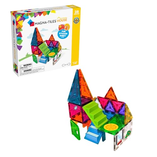 Magna-Tiles 28-teiliges Set House mit unterschiedlichen, magnetischen 3D-Bausteinen, Zubehörteilen und Stickern rund ums Thema Wohnen, fördert spielerisches Lernen von Magna-Tiles