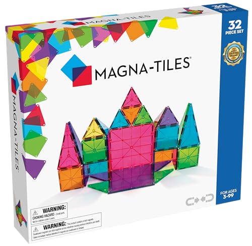 Magna-Tiles 32-teiliges Set Clear Colours mit unterschiedlichen, magnetischen 3D-Bausteinen in klaren Farben, fördert spielerisches Lernen von Magna-Tiles