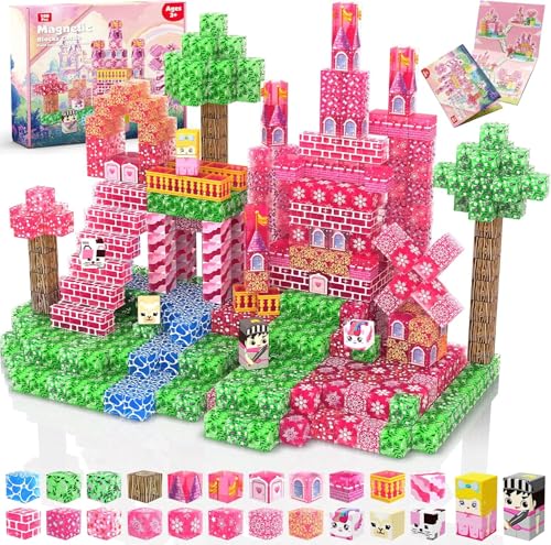 Magnetische Bausteine - 100 Teile Magnetbausteine Transparentes Rosa Schloss mit Prinzessin & Einhorn - Kreatives Lernspielzeug für Mädchen ab 3 Jahren - Ideale Ostergeschenke von Magnetopia