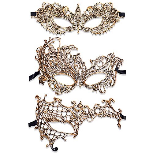 Maigendoo 3 Stück Spitze Maskerade Masken Karneval Maske Männer Frauen Venezianische Masken Abschlussball Augenmaske Set Kostüm Party Supplies für Karneval Halloween Jubiläum Festival Ball, Gold von Maigendoo