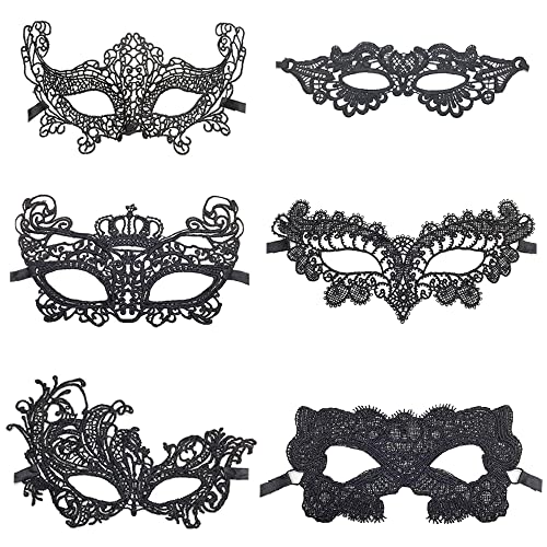 Maigendoo 6 Stück Spitze Maskerade Masken Karneval Maske Männer Frauen Venezianische Masken Abschlussball Augenmaske Set Kostüm Party Supplies für Karneval Halloween Jubiläum Festival Ball, Schwarz von Maigendoo