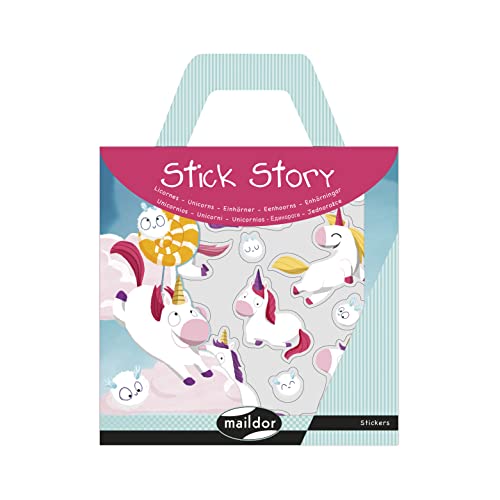 Maildor AF027C - Kreativset Stick Story mit 4 repositionierbaren Stickerbogen und 2 großen Bildern zum Personalisieren, Packung mit Griff 15x19,5 cm, Einhörner, 1 Set von Maildor