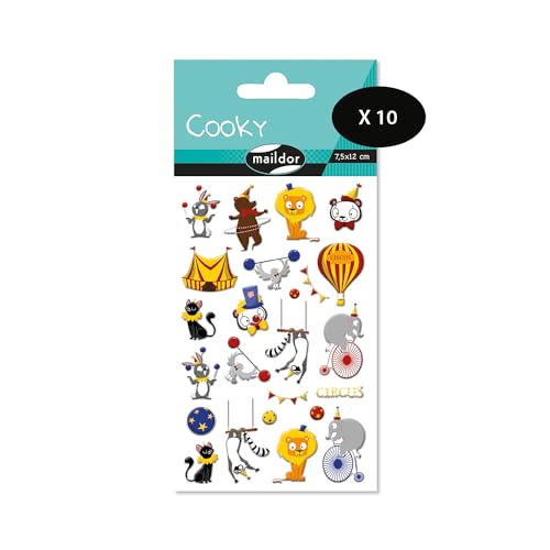 Maildor CY139Cpack – eine Packung mit 3D-Aufklebern Cooky, 1 Bogen 7,5 x 12 cm, Zirkus (25 Aufkleber), 10 Stück von Maildor