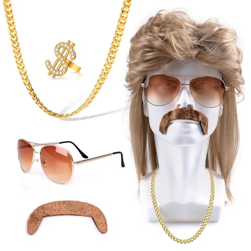 Mailfull 80er Jahre Outfit Herren 5er Set Hippie Accessoire 70er 80er Vokuhila Perücken Herren Für Cosplay Halloween Kostümfeste Mottoparty von Mailfull