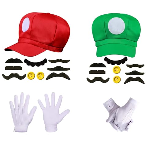 Mailfull Mario und Luigi Kostüm Accessories Erwachsene Karneval Kostüm mit Kappen Schnurrbärte Handschuhe Knöpfe für Cosplay Karneval Geburtstagsfeier von Mailfull