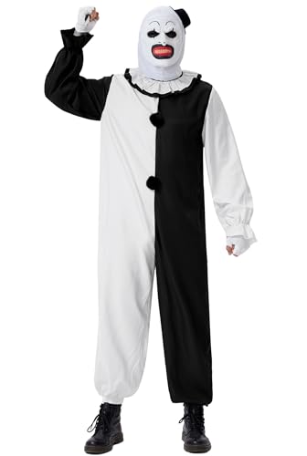 Herren Halloween Schwarz Weiß Clown Cosplay Hässlich Killer Jumpsuit Spielpassung Farbblock Kostüm mit Maske M von Mainfini