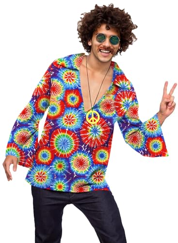 Mainfini Herren 70er Carnival Kostüme Disco Outfit Bell Sleeves Knopf Hemd Karneval 5er-Set mit Perücke Bart Brille Halskette L von Mainfini