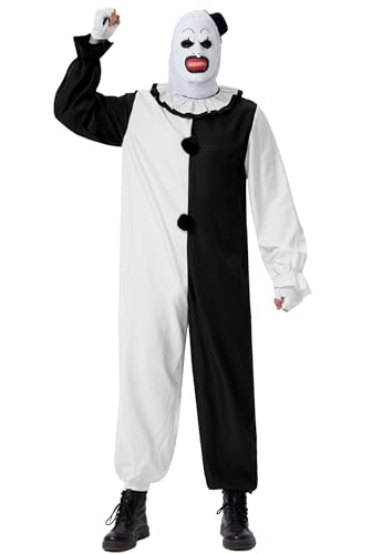 Mainfini Herren Art Clown Full Kostüm Halloween Neuheit Schwarz Weiß Killer Jumpsuit Terrifie Cosplay mit Handschuhe XL von Mainfini