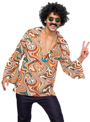 Herren Mardi Gras Kostüme 70er Paisley Tie Dye Hemd Vintage 60er Karneval Knopf Hemd Perücke Bart Brille Halskette L von Mainfini