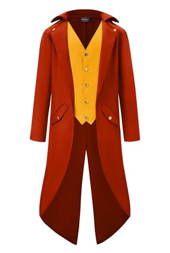 Mainfini Herren Steampunk Jacke Viktorianisch Frack Gotisch Coat Kostüme Adult Rot Orange Frack Kostüme Joker Cosplay Outfit L von Mainfini