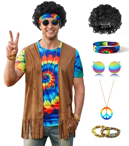 Mainfini Hippie Kostüm für Herren Bunt Shirt 60er 70er Jahre Outfits,6-Teiliges Set L Mainfini Hippie Kostüm für Herren Bunt Shirt 60er 70er Jahre Outfits,6-Teiliges Set L von Mainfini
