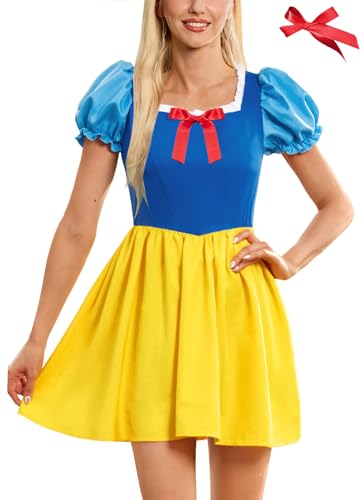 Damen Halloween Beauty Märchenkleid Prinzessin Smow Whie Pretty Puffärmel Erwachsenenkostüm Blau Gelb S von Maisolly