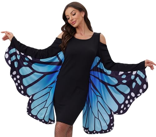 Maisolly Damen Cold Shoulder Halloween Fledermausflügel Kostüm Kleid, Schmetterling blau, Large von Maisolly