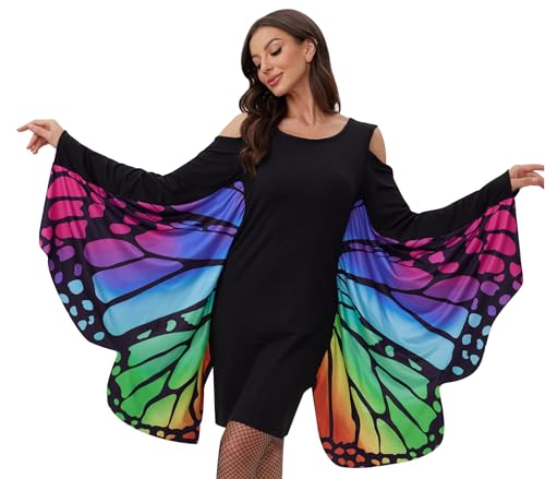 Maisolly Damen Cold Shoulder Halloween Fledermausflügel Kostüm Kleid, Schmetterling bunt, Large von Maisolly