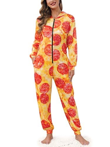 Maisolly Damen-Halloween-Einteiler für Erwachsene, lustiger Pizza-Pyjama, Einteiler, Cosplay, Lebensmittelkostüm, Pizza, Large von Maisolly