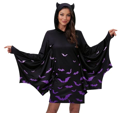 Maisolly Halloween Damen Cosplay Kostüm Umhang Poncho Fledermausflügel Ärmel Party Cold Shoulder Hoodie Kleid M von Maisolly