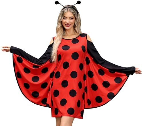 Maisolly Halloween Damen Marienkäfer Cosplay Kostüm Umhang Umhang Poncho Fledermausflügel Ärmel Party Schulterfreies Kleid XXL, Marienkäfer, XXL von Maisolly