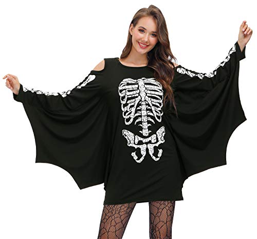 Maisolly Halloween-Fledermaus-Kostüm, Kleid für Damen, schulterfrei, Cosplay, Party, kalte Schulter, Skelett-Kostüm, Skelett, Größe M von Maisolly