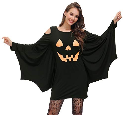 Maisolly Halloween Kürbis Fledermaus Kostüm Kleid für Frauen Cosplay Jack O Laterne Party Cold Shoulder Kostüm Kürbis Gesicht M, Kürbisgesicht, M von Maisolly