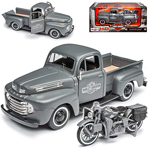 Ford F-1 Pick-Up 1948 Matt Grau mit 1942 WLA Flathead HarIey Davidson 1/24 Maisto Modell Auto mit individiuellem Wunschkennzeichen von Maisto Ford