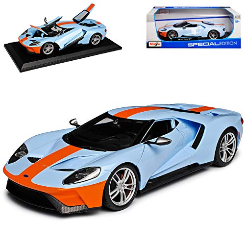 Ford GT 2017 Coupe Blau mit orangenen Streifen 1/18 Modell Auto mit individiuellem Wunschkennzeichen von Maisto Ford