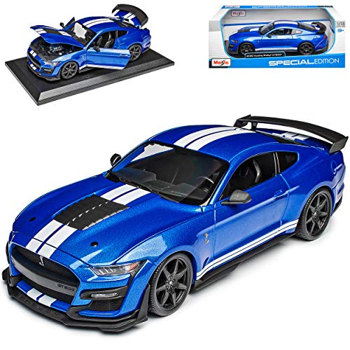 Ford Shelby Mustang GT500 VI Coupe Blau mit Streifen in Weiss Modell Ab 2014 Version Ab 2020 1/18 Maisto Modell Auto mit individiuellem Wunschkennzeichen von Maisto Ford