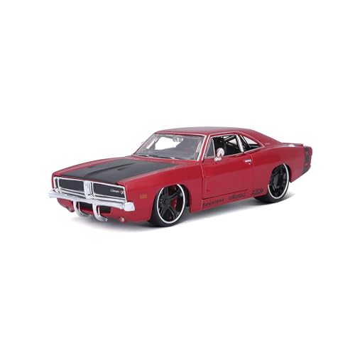 Maisto 1969 Dodge Charger R/T Red Metallic mit schwarzer Kapuze und schwarzen Streifen Classic Muscle 1/25 Druckguss Modellauto von Maisto