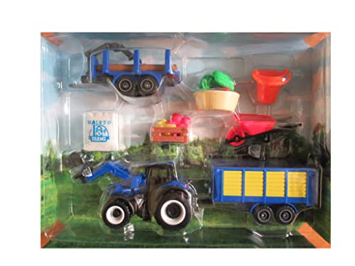 Bauernhof Diecast Traktor NEW HOLLAND blau mit Anhängern und anderem Zubehör - Maßstab 1:64 - Länge 16 cm mit Anhänger von Maisto