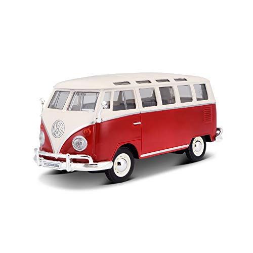 Maisto VW Bus Samba Modellauto im Maßstab 1 25, Türen und Heckklappe zum Öffnen, 20 cm, Farbe wird nach dem Zufallsprinzip versendet, Farblich Sortiert, Blau von Maisto