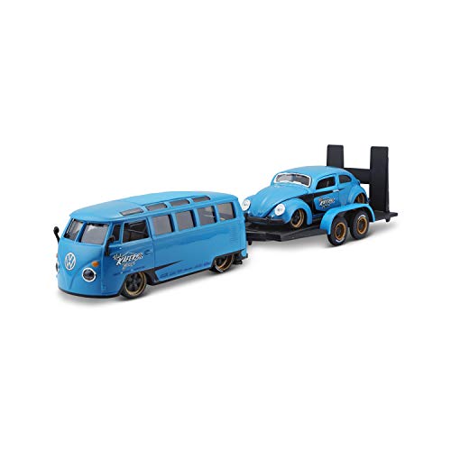 Maisto 32752-00000063 Design Elite Transporter Volkswagen Van Samba + Volkswagen Beetle: Modelltransporter mit Anhänger, 2 Modellautos, Türen zum Öffnen, Maßstab 1:24, 43 cm, blau (532752), 532751 von Maisto